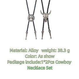 Ticome 2Pcs Cowboy Necklace Set,Cowboy Neck Tie, Men Leather Fashion Retro Necktie Rope Cord Bull Skull Bola Tie, Western Cow Skull Ranger Star Chain