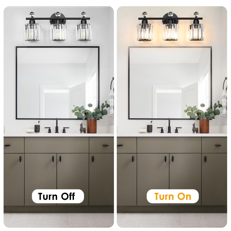 Modern 3 Light Crystal Vanity Light,Black Vertical Bathroom Light Fixture