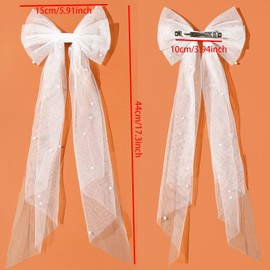 aoozleny Bridal Hair Bow Veil Hair Clip,Veil Hairpins with Pearl Mesh Bow Hair Clips (Pink)