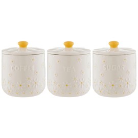 Price & Kensington Ceramic Tea, Coffee and Sugar Canisters Set, White with Daisy Pattern, Yellow Lids