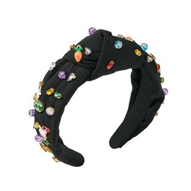 Mixcbe Crystal Easter Bunny Jeweled Knotted Headband Easter Carrot Crystal Pearl Embellished Black Headband Wide Top Knot Hairband Hair Accessories Easter Spring Birthday Gift for Women