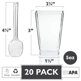 Ilyapa 5oz Plastic Dessert Cups - 20 Pack Mini Dessert Cups with Spoons - Clear Reusable Small Appetizer Cup for Cheesecake Shooters, Chocolate Mousse, Parfait - Party and Catering Supplies - Square
