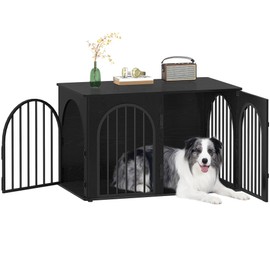 Hzuaneri 39.4" Wooden Dog Crate Furniture TV Stand, Indoor Dog Kennel for Small/Medium/Large Dogs, End Side Table Dogs Crates, Anti-Chew, Anti-Escape, Arched Door Design, Black DFC84104B