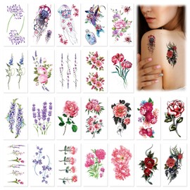 24pcs Flower Temporary Tattoos, Premium Waterproof Temporary Flower Tattoo 3D Flowers Temporary Stickers Tattoo for Arm Foot Back Body Women Girls Decoration Supplies(Colorful)
