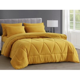 Chezmoi Collection Jasper Mustard Yellow Oversized Queen Bed in a Bag 7-Pieces Triangle Geometric Quilted Stone Washed Microfiber Comforter with Sheets Lightweight All Season Bedding Set