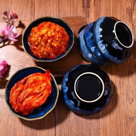 BOSILI Ceramic Soy Sauce Dishes Set of 6 Dipping Bowls for Sushi Snack Condiments (Blue Kiln)