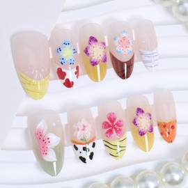30pcs Flower Press on Nails Medium Almond Fake Nails with 3D Colorful Floral Designs French Nails Summer Flowers False Nails Glue on Nails Handmade Full Cover Acrylic Nails Stick on Nails for Women