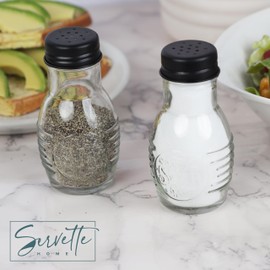 Home Sweet Home Salt and Pepper Shakers, 3 oz Glass Jars, Black Metal Lids, 4"" Tall (2), SVSP0233CL