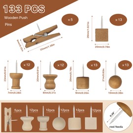 133pcs Wooden Push Pins with Storage Box, Thumbtacks Clip Thumbtacks Round Head Thumbtacks Hook Type Thumbtacks Pin Board Needle for Office School Home, 6 Styles