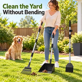Long Handle Metal Dog Pooper Scooper Set with Rake, Spade and Waste Tray, 2/3-Piece Options