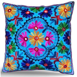 Original Kikan Suzani Multi Colour Floral Embroidery 16"x16" 40 x 40 cm Indian Ethnic Cushion Cover Takiya Sofa pillow Zipper Back (BLUE)