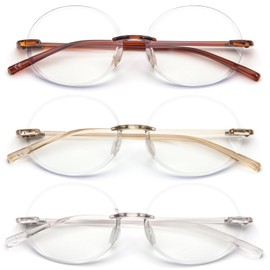 KoKoBin 3 Pack Rimless Round Reading Glasses,Blue Light Blocking Lightweight Eyeglasses Colored Stylish Frame for Men and Women +1.00