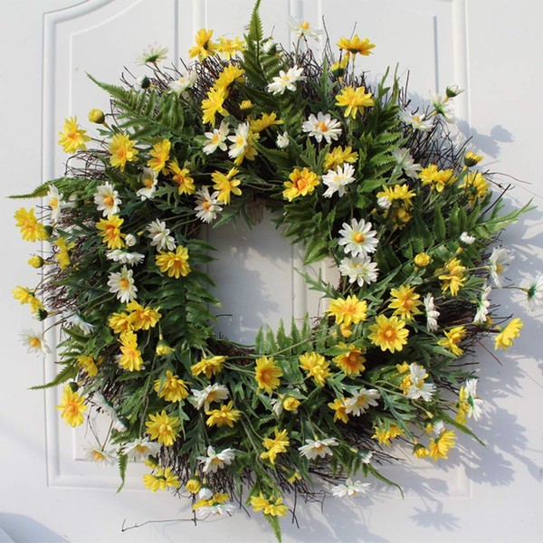 Leww 22Inch Daisy Wreaths, Artificial Flower Spring Wreath for Front Door Window Wall Hanging, Summer Silk Decorative Wreath Decorations