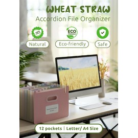 EcoStash Accordion File Organiser, 12 Pockets A4 Wheat Straw Expanding File Folders, Monthly Filling Document Organiser, Upright Open Top, BPA Free, Return to Nature, Healthy Living, Strawberry Pink