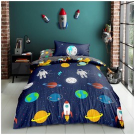 Lions Kids Single Duvet Cover Set, Boys Space Galaxy Bedding with Matching Pillowcases, Ultra Soft Reversible Soft Quilt Covers, Navy Blue, 135x200cm