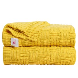 uxcell 100% Cotton Cable Knit Throw Blanket,Soft Lightweight Lap Blanket,Textured Solid Sofa Throw Couch Cover Decorative Knitted Blankets, Yellow 47"x 70"