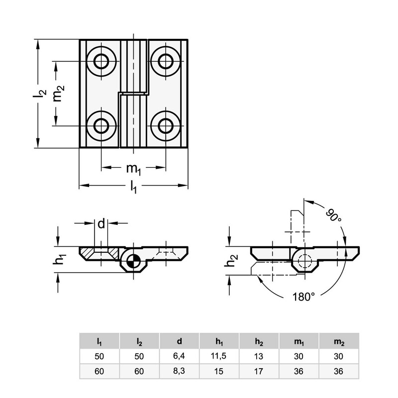 Ganter Normelemente Hanging hinges, die-cast zinc, GN 337-ZD-50-50-A-1-SW, 50 x
