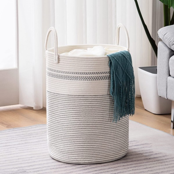 YOUDENOVA Woven Rope Laundry Hamper Basket, 58L Tall Luandry Basket, Baby Nursery Hamper for Blanket Storage, Clothes Hamper for Laundry in Bedroom-Large-Stripe White