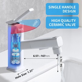 HANLIAN Single Hole Bathroom Pull Out Faucet with Rotating Spout, One Handle Faucet for Bathroom Sink, Modern Bathroom Faucet with Pull Down Sprayer, 3 Modes Vanity Faucets (White, Regular)