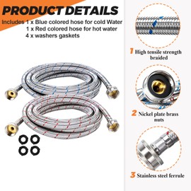 15ft Long Washing Machine Hoses (2 Pack) by Beaquicy - Stainless Steel Hot and Cold Striped Water Supply Lines - Universal Fit to All Wash Machines - Burst Proof Leak Free Hose - 10 YEARS WARRANTY