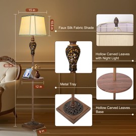 65" High Vintage Floor Lamp with Night Light and Metal Tray, Farmhouse Standing Lamp with Beige Faux Silk Shade, Retro Rustic Tall Lamp Decor for Living Room, Bedroom, Bedside, Corner (Bulb Included)