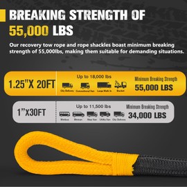 1.25"×20ft Kinetic Recovery Rope with 2 Soft Shackle Kit, 55000lbs Nylon Tow Rope Heavy Duty Snatch Strap Offroad Recovery Kit for 4x4 Jeep Truck ATV UTV SUV