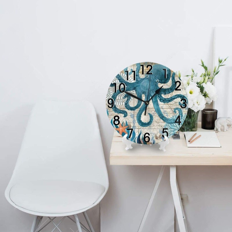 Abucaky Blue Octopus Nautical Map Wall Clock Battery Operated Silent