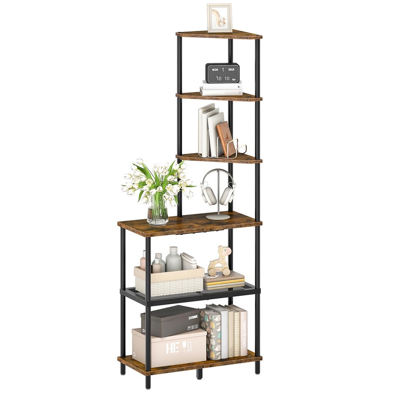 CHOEZON 6-Tier Corner Shelf, Industrial Corner Bookshelf with Desk Top,