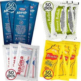 Zeust Individual Condiment Packets Variety Pack 200-Count - 50 Packs of Each: Ketchup Packets, Relish Packets, Mayo and Mustard Packets Single Serve - Mini Travel Condiments Combo for BBQ, Picnic, Parties