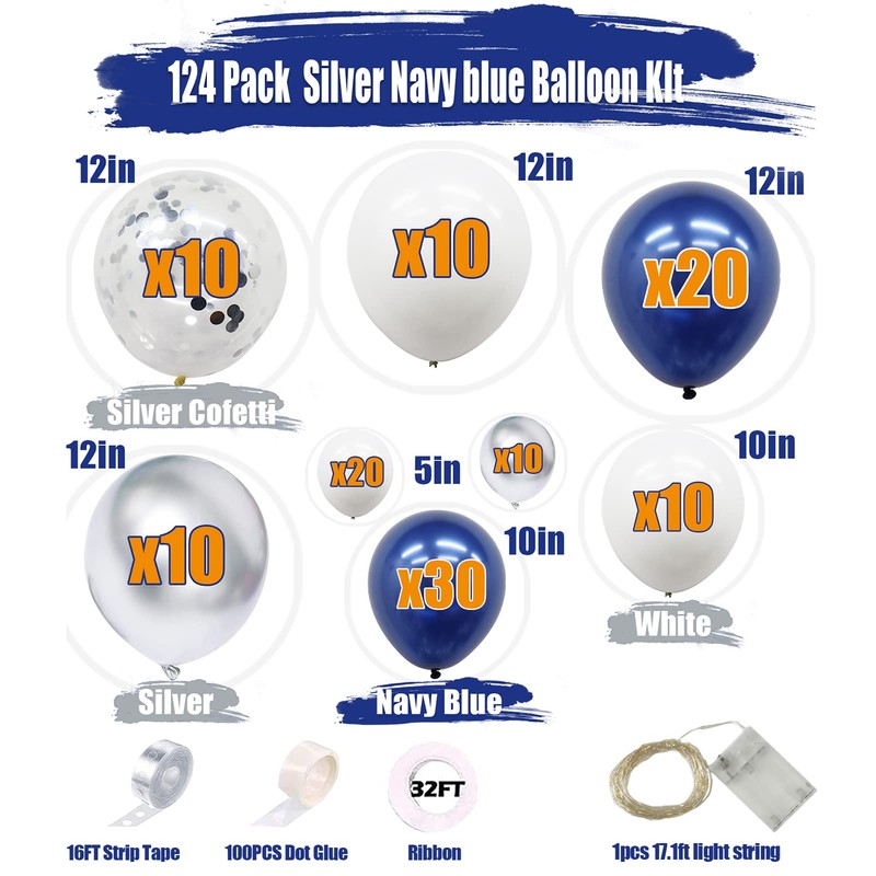 ネイビーブルー シルバーバルーンアーチガーランドキット 124個パック ネイビーシルバー ホワイト 紙吹雪バルーン バルーンアクセサリーとLEDストリングライト付き 卒業式 ベビーシャワー 結婚式