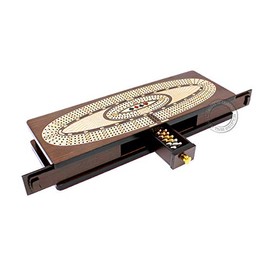 House of Cribbage - Continuous Cribbage Board  Box Inlaid in Wenge Wood  Maple  4 Track - Sliding Lids, Drawer  Metal Pegs with Score Marking Fields  