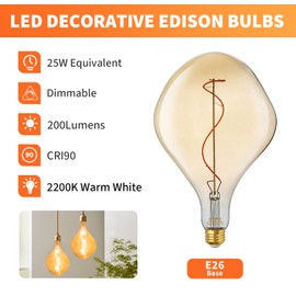 ALAMPEVER Dimmable LED Decorative Oversized Edison Bulbs 25W, 2200K Warm White, E26 Base, 4W, Amber Glass Finishing (A165S)