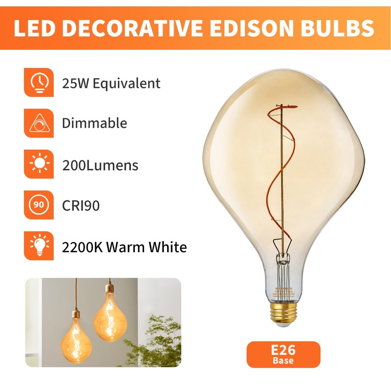 ALAMPEVER Dimmable LED Decorative Oversized Edison Bulbs 25W, 2200K Warm
