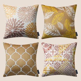 Phantoscope Set of 4 New Living Series Leaf Geometric Throw Decorative Velvet Pillow Cover Cushion Cover, Beige Gold 18 x 18 inches 45 x 45 cm