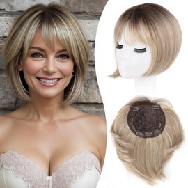 LEEONS Hair Toppers for Women with Bangs Short Bob Synthetic Hair Pieces for Thinning Hair Side Part Hair Toppers for Women (Mixed Ash Blonde with Dark Root)