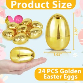 TURNMEON 24 Pack Golden Easter Eggs Empty, 2.36" Shiny Metallic Plastic Easter Eggs Fillable Surprise Gold Eggs for Easter Egg Hunt Fillling Candy Treats Toys Basket Stuffers Classroom Prize Supplies