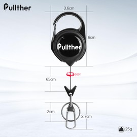 Pullther Reel Keychain, Pin-on Reel, Key Reel, with Carabiner, Anti-Loss, Telescopic Reel, Maximum Length 25.6 inches (65 cm), Pack of 3