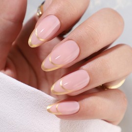 Gold Double French Tips Press-on Nails: Medium Almond Shape, Acrylic with Gold Stripes, False & Glossy Glue-on Slides forWomen