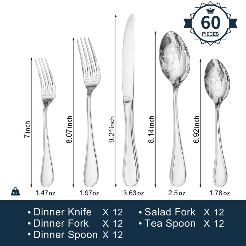 KINGSTONE 60 Piece Teardrop Silverware Set for 12, 18/10 Stainless