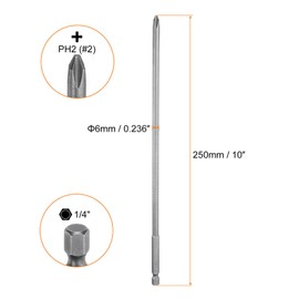 sourcing map #2 Phillips Screwdriver Bit PH2 1/4" Hex Shank 10" (250mm) Long Magnetic S2 Steel Industrial Grade Screw Driver Bit Cross Head Electric Drill Bits 0.236" (6mm) Rod