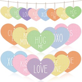 JarThenaAMCS 36Pcs Valentine's Day Wooden Hanging Ornaments Candy Conversation Heart Wooden Embellishment Decor with Hemp Rope Heart Shape Wood Slices Tags for Wedding Anniversary Party Decor