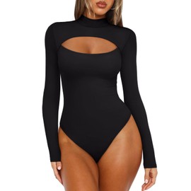 REORIA Women's Mock Neck Cutout Front Bodysuit Trendy Going Out Long Sleeve Body Suits Tops Fall Outfits 2025 Black XX-Large
