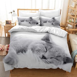 CXYXHW Cat Bed Linen Set, 3D Cat Motif Microfibre Duvet Cover, Pet Cat Bedding Sets 3-Piece with Zip, Animal Printed Bed Set for Girls Boys Children (D, 200 x 200 cm)