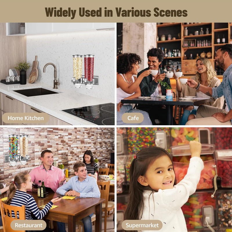 Dual-Headed Wall-Mounted Cereal Dispenser, 3L Large Capacity Dry Food Dispenser,