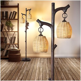 Scenekoy 68" High Farmhouse Rustic Country Cottage Floor Lamp Tree Trunk Faux Wood Column Dark Bronze Wicker Drum Shade Decor for Living Room Bedroom Reading Room