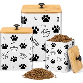 Reallnaive 3 Pack Dog Treat Containers with Bamboo Lids Airtight Metal Pet Food Storage Canisters for Pet Snacks, Biscuits, Cookies, Kibble, Large Dog Treat Jars Set for Kitchen Counter(White)
