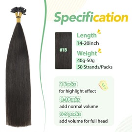 U Tip Hair Extensions Real Human Hair 50 Strands 40g 16inch Natural Black Pre Bonded Hair Extensions Real human hair Nail U Tip Hair Extensions #1B 16inch