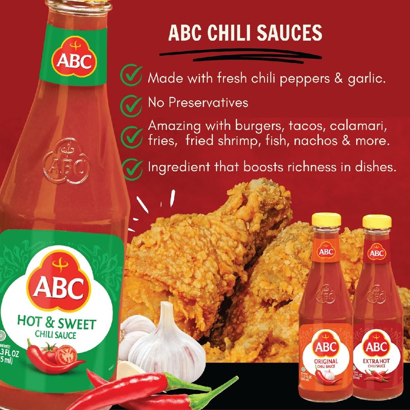 ABC Hot & Sweet Chili Sauce, 11.3 Oz, Spicy Sriracha