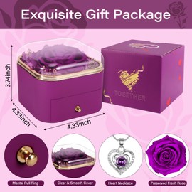 Preserved Real Purple Roses Gift Jewerlry Box, Real Eternal Rose Flower with Necklace for Women,Mothers Day Valentines Day Christmas Anniversary Birthday Gifts for Mom Wife Girlfriend