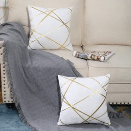 2 Pack Velvet Cushion Covers 18 x 18 Inch Gilded Throw Pillow Covers Decorative Velvet Sofa Cushions Gold Lines geometry Pattern White Square Decorative Soft Home for Sofa Living Room